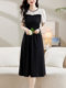 Black Patchwork Dress for Women 2026 Summer New High-End Exquisite Puff Sleeves Elegant Slim Fit Mid-Length Dress