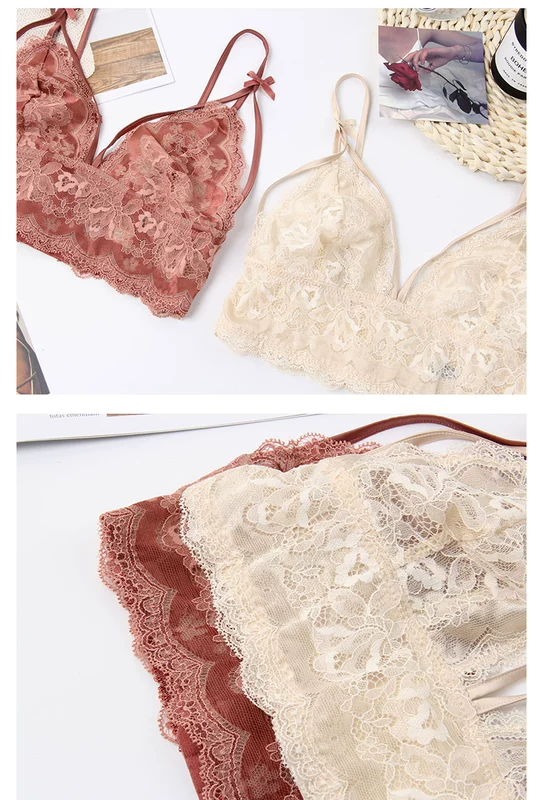 Bộ đồ lót ren Pháp có cảm giác nữ siêu mỏng ngực nhỏ mà không có vành ngực bralette tam giác bra - Bộ đồ lót