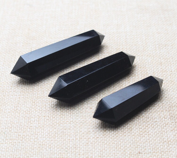 Natural black dazzling stone double tip hexagonal prism pendulum piece original stone polished crystal pillar DIY pendant accessories woolen clothing chain