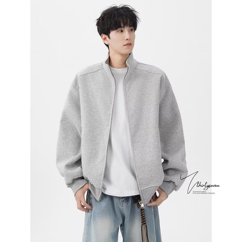 2025 Autumn New American Casual Artistic Lazy Style Gray Stand Collar Jacket Men's Coat Trendy Brand Loose Top