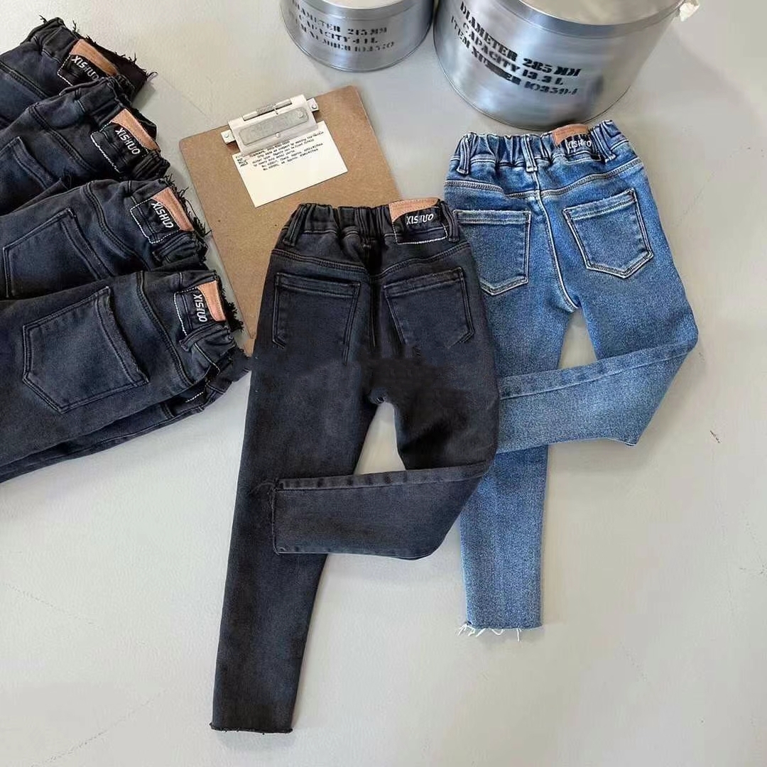 South Korean children's clothing children plus suede jeans 2021 Winter new male and female skintight pencil pants CUHK Scout pants