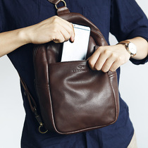 Blue leather mens leather shoulder bag top layer cowhide large capacity chest bag Japanese fashion trend soft leather small backpack