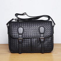 LANSPACE three-room blue mens leather shoulder bag hand-woven cowhide shoulder bag flap mens bag