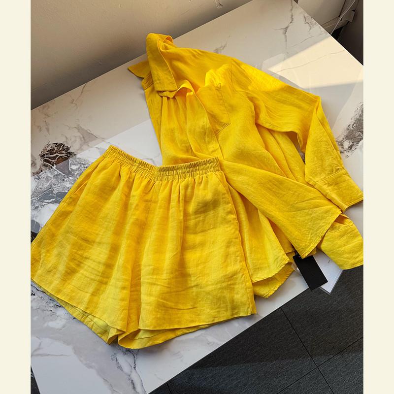 Unique and Super Stylish Women's Outfit for Early Spring 2025, New Popular Style, Chanel-Inspired Yellow Linen Shirt and Shorts Two-Piece Set