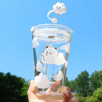 Cloud Bear Glass Cup Female Student Simple Suction Tube Cup Fresh Mori Summer Breakfast Milk Cup Printing