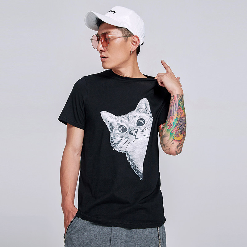小猫猫咪短t 中长袖t恤 复古印花短袖夏 美式青少年休闲潮流T恤男