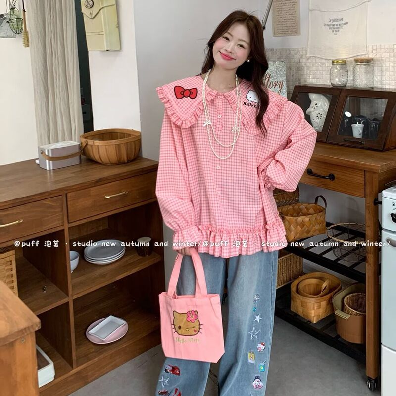 Puff 2026 Spring New Product Doll Collar Plaid Kitty Shirt 814