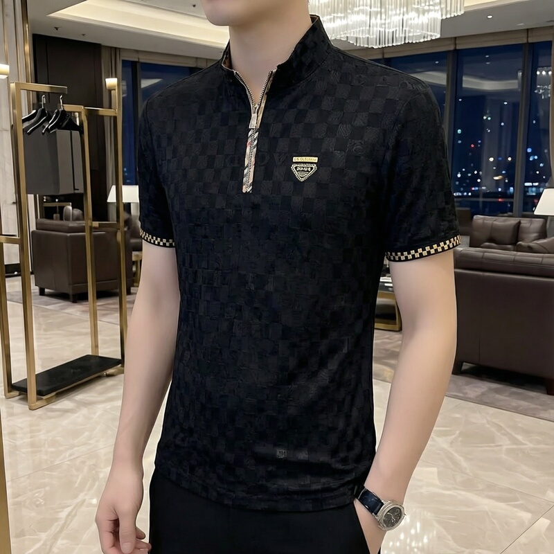 Pujia Summer Men's Triangle Logo High-End Trendy Luxury Brand Shenzhen Nanyou Famous Replica Fashion Short-Sleeve Polo Shirt