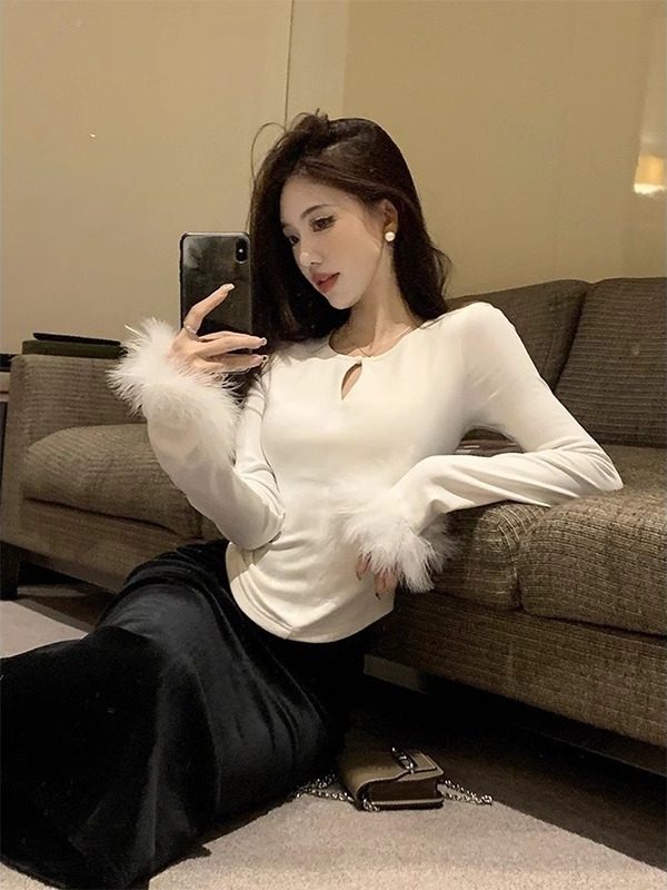 Add-down thickened milled undershirt female autumn winter inner lap jacket 2023 new fur splicing hollowed-out long sleeve T-shirt-Taobao