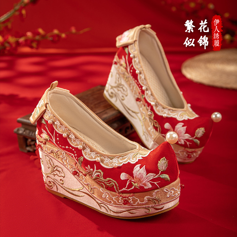 10cm Ultra-High Heel Chinese-Style Xiuhe Wedding Shoes for Women, Ancient Style Hanfu Shoes, Comfortable Large Wedge Heel, Breathable Red Bridal Shoes