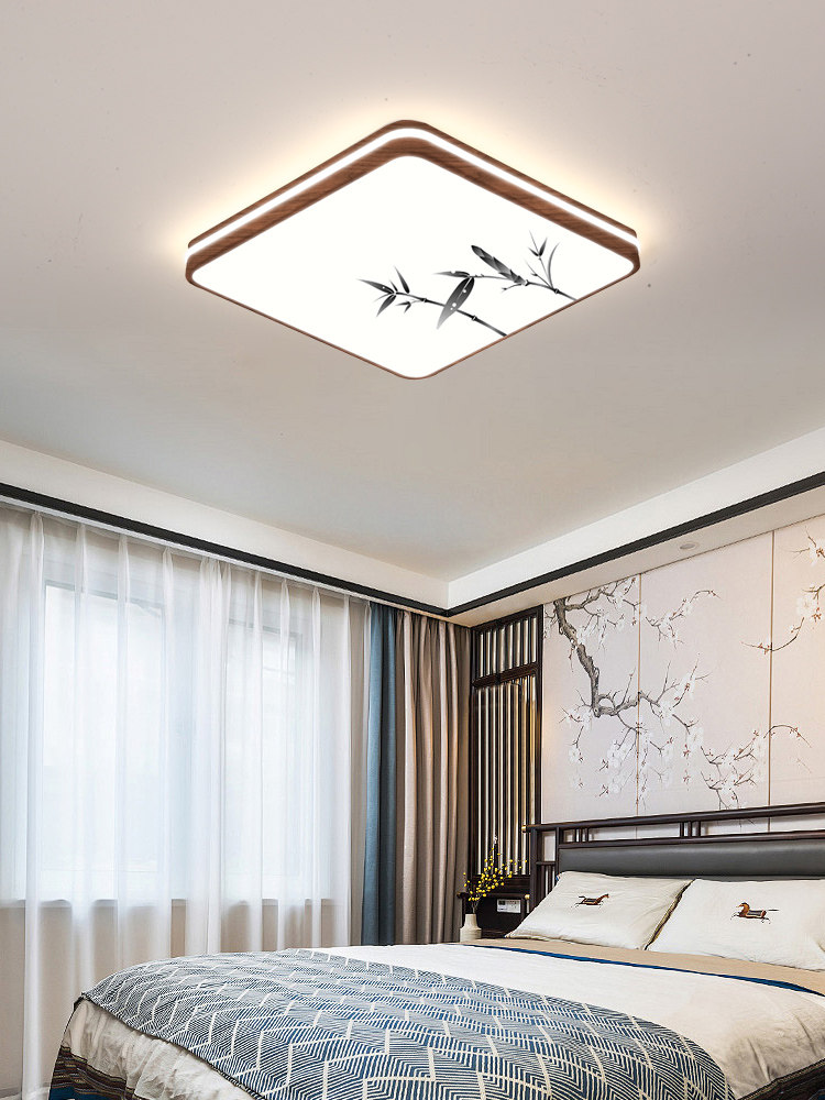 Living Room Ceiling Lamp, New Chinese Style, Ultra-Thin, Song Dynasty Aesthetics, Mid-Century Style, Retro Walnut Color, Rectangular Main Light for the Hall