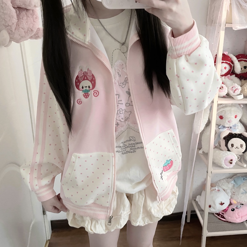Strawberry Bear LAOSHU Japanese-Style Cute Soft Girl Autumn New Long-Sleeve Color-Blocked Strawberry Polka Dot Loungewear Sports Jacket
