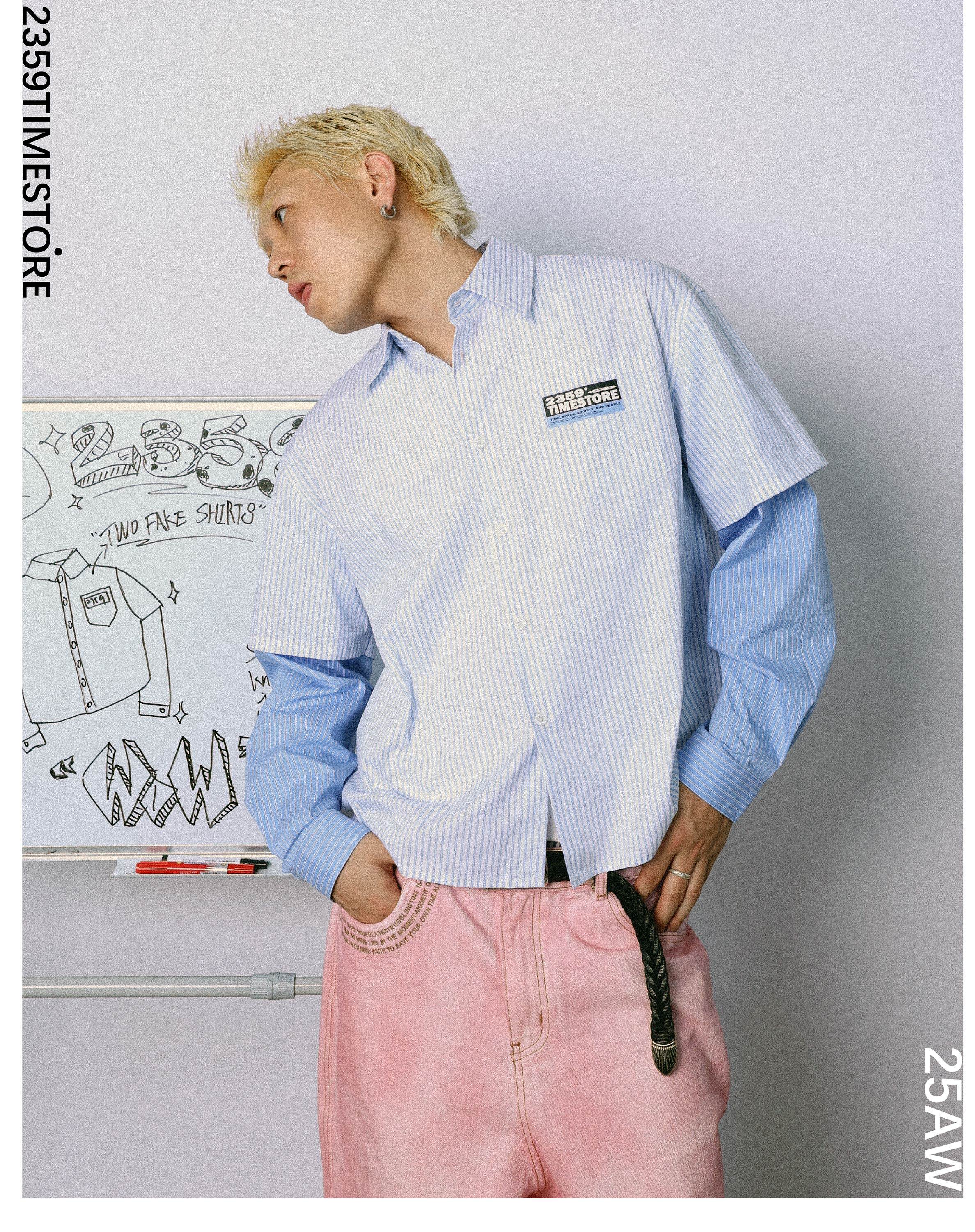 2359 TIMESTORE Blue White Striped Layered-Look Shirt