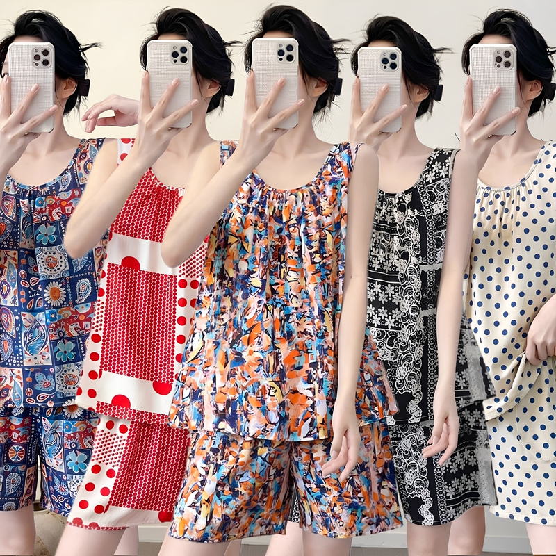 Women's New Thin Cotton Silk Loose-Fitting Tank Top and Pajama Set, Summer Fashion, Age-Reducing, Can Be Worn Outside, Loungewear Women's New Thin Cotton Silk Loose-Fitting Tank Top and Pajama Set, Summer Fashion, Age-Reducing, Can Be Worn Outside, Loungewear