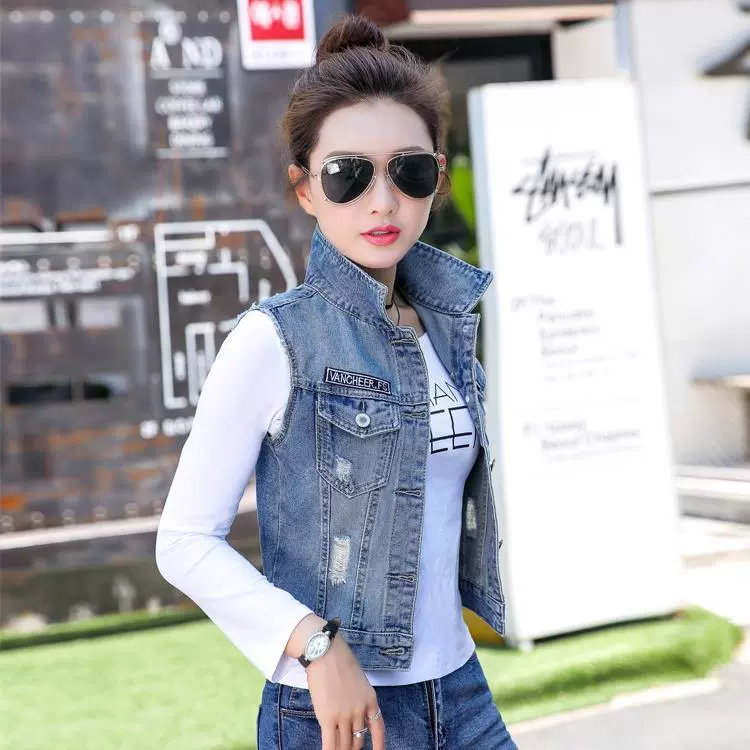 Mùa xuân 2019 phong cách Hàn Quốc của phụ nữ hoang dã không tay denim vest vest nữ mùa hè ngắn là áo khoác mỏng áo khoác nhỏ - Áo vest