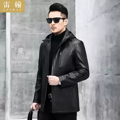 Haining autumn leather leather men's medium and long version hooded goatskin jacket high-end thin slim casual jacket