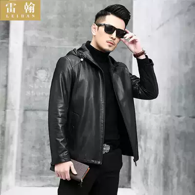 Lightweight and stylish slim-fitting Haining leather leather clothing men's hooded goatskin short version handsome thin leather jacket jacket trend