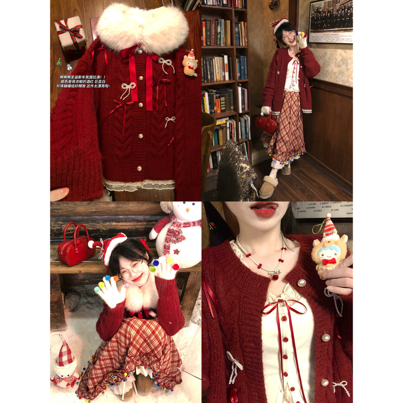 【Alittle Messy】Christmas and New Year's Sweater~ Large Fur Collar Vintage Burgundy Bow Sweater Coat