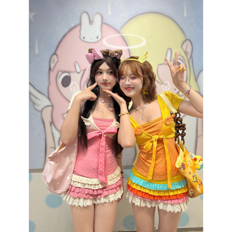【Alittle Messy】 "Beautiful Thoughts and Feelings" Cute Girly Style Fake Two-Piece Short Sleeve with Small Wings