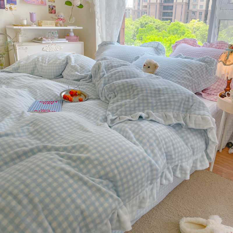 Plaid milk velvet bed three or four sets of coral velvet thick warm girl cute dormitory student bed sheet quilt cover winter