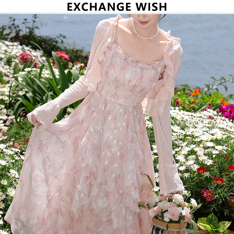 Sea Blue Rose Tea Break French Dress Set 2026 New Women's Summer Waist-Cinching Elegant Pink Strap Long Dress