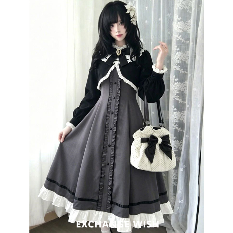 Disordered Mist Autumn Collection New Gothic Dark Style Elegant Lady Cla Series Long Sleeve Cardigan Dress Set