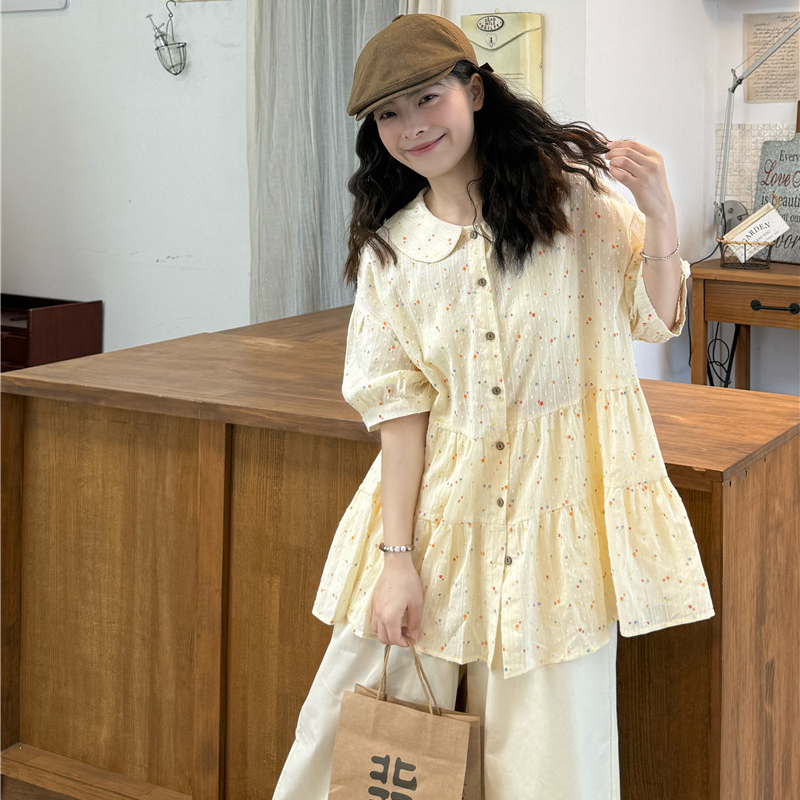 Plus Size Women's Clothing, Japanese Style Age-Reducing Outfit for Women, Colorful Polka Dot Doll Collar Shirt with Lace Wide-Leg Pants Two-Piece Set