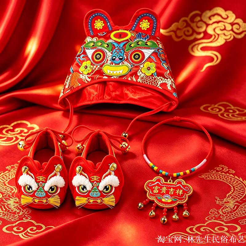 【Linghu Xianrui】Soft-Soled Embroidered Tiger Head Shoes for Boys and Girls, Handmade Chinese-Style Baby Soft-Soled Shoes with Tiger Head Hat