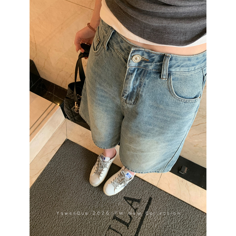 Yawen Blogger Denim Vintage Washed Blue Five-Point Jeans Summer A-Line Loose Wide-Leg Mid-Length Pants for Women