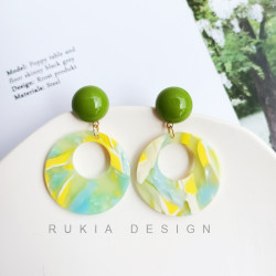 RUKIA Spring and Summer Small Fresh Lime Soda Grass Green Yellow Clear Acetic Acid Color Matching Smudge Circle Retro Hong Kong Style Earrings