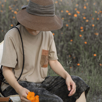 Unfinished plant dyed Persimmon dyed patchwork pocket soft waxy short sleeve t-shirt