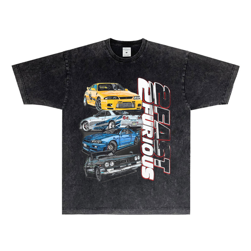 American Retro Fast and Furious Car Print Short-Sleeve T-Shirt, Washed Heavy Cotton, Loose Fit, Round Neck, Small Neckline
