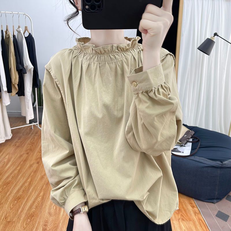 Spring and Summer Casual Pullover Long-Sleeved Shirt for Women with Lotus Leaf Collar and Lantern Sleeves, Age-Reducing Top, New Retro Loose Shirt Spring and Summer Casual Pullover Long-Sleeved Shirt for Women with Lotus Leaf Collar and Lantern Sleeves, Age-Reducing Top, New Retro Loose Shirt