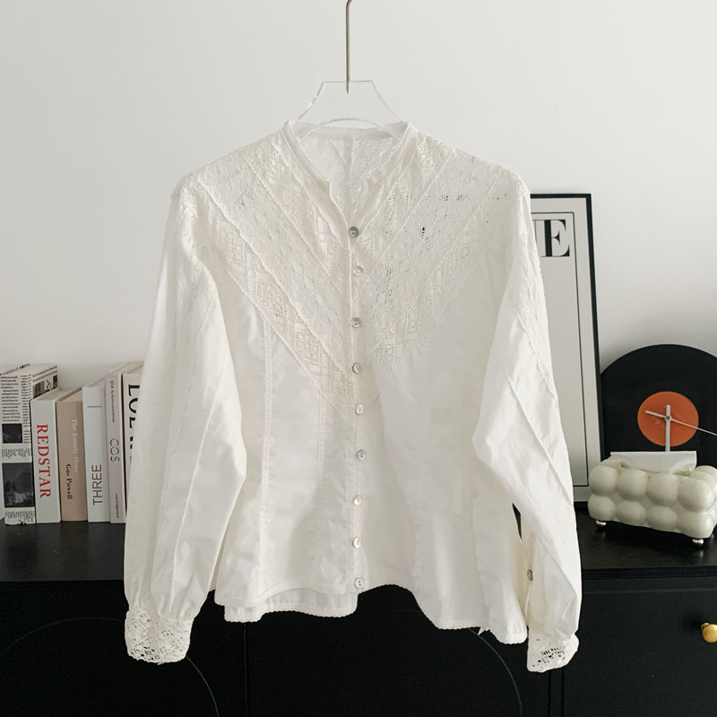 Ear Antique Lace~100% Cotton French Vintage Hollow Lace Patchwork Ruffle Hem Shirt Top