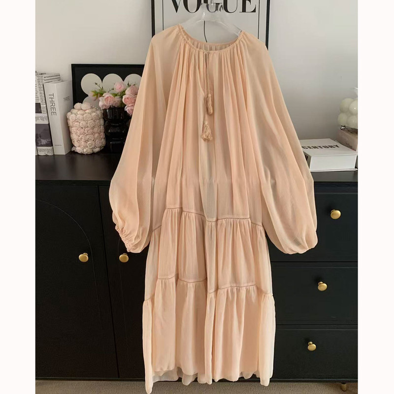 Ear Summer Breeze Heavy Industry Large Order ~ Real Two-Piece V-Neck Tassel Drawstring Long Sleeve Dress