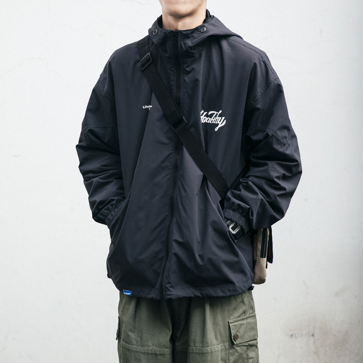 Japanese retro letter print hooded jacket men's spring and autumn Korean style trendy loose stormtrooper navy blue jacket