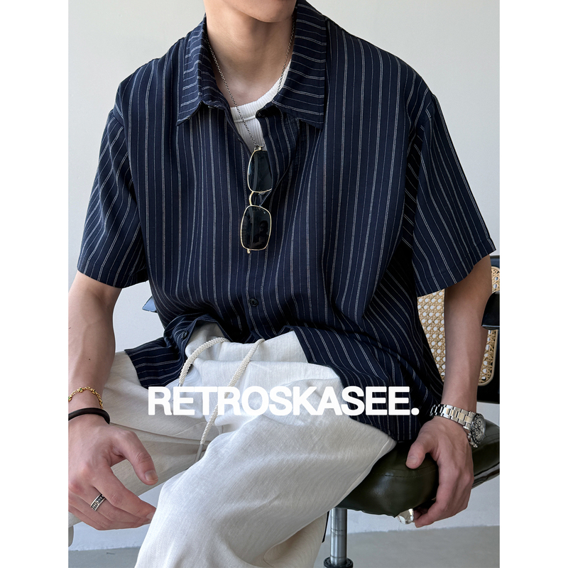 【Linen + Tencel】Summer Cool and Breathable Striped Short-Sleeve Shirt for Men, Loose Fit, High-Tech Lapel Shirt, Trendy 【Linen + Tencel】Summer Cool and Breathable Striped Short-Sleeve Shirt for Men, Loose Fit, High-Tech Lapel Shirt, Trendy