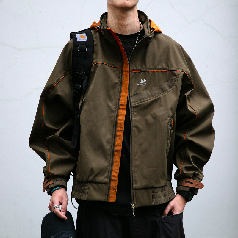 Outdoor American-Style Functional Softshell Jacket for Men, Spring and Autumn Color-Blocked Hooded Waterproof and Windproof Flight Jacket, Trendy