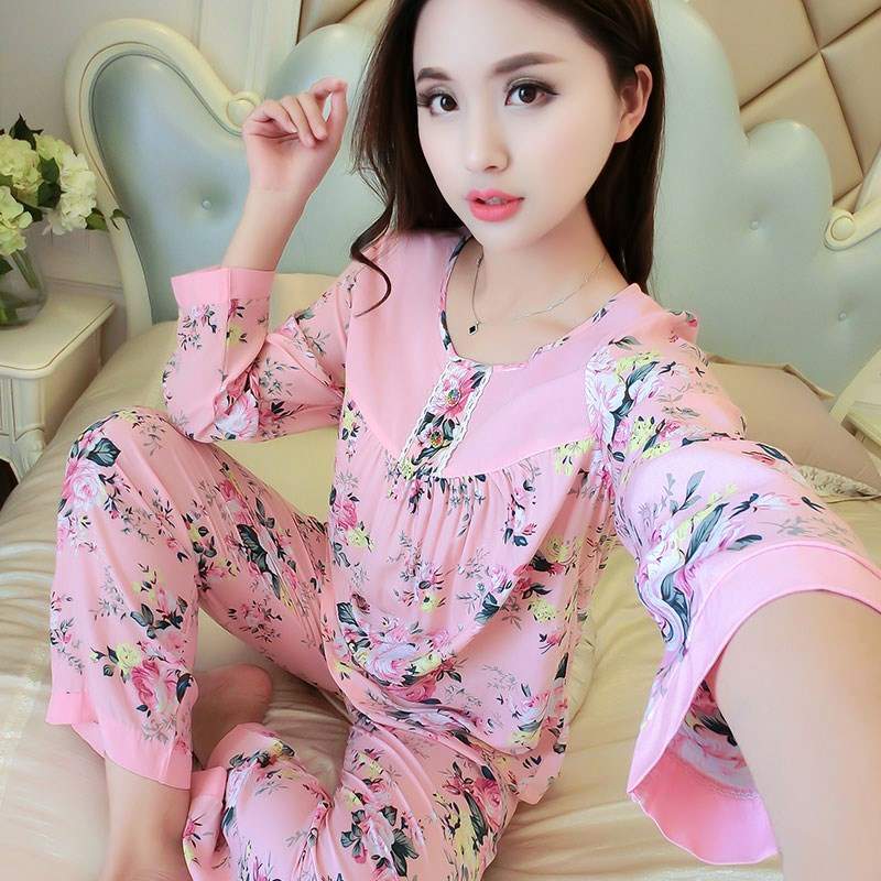 Đồ ngủ lụa Mian nữ mùa hè mỏng mùa xuân và mùa thu dài tay cotton lụa tơ tằm nhà dịch vụ phù hợp với tháng quần áo phụ nữ mang thai - Bộ Pajama