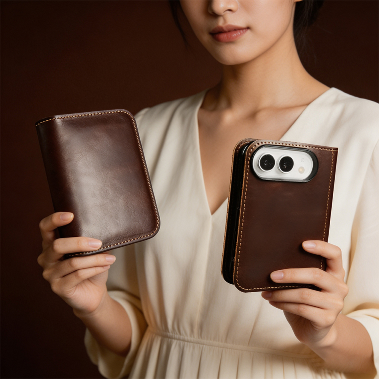 Calfskin Leather Contrast Stitching Minimalist Flip Foldable Genuine leather iPhone Case