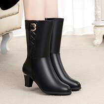 Winter new mid-Boot Womens cotton shoes coarse heel short boots middle heel snow boots high heel plus velvet long tube mother leather shoes