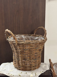 Medieval Style Grocery Style Wicker Leather and Willow Double Handle Basket with Plastic Lining