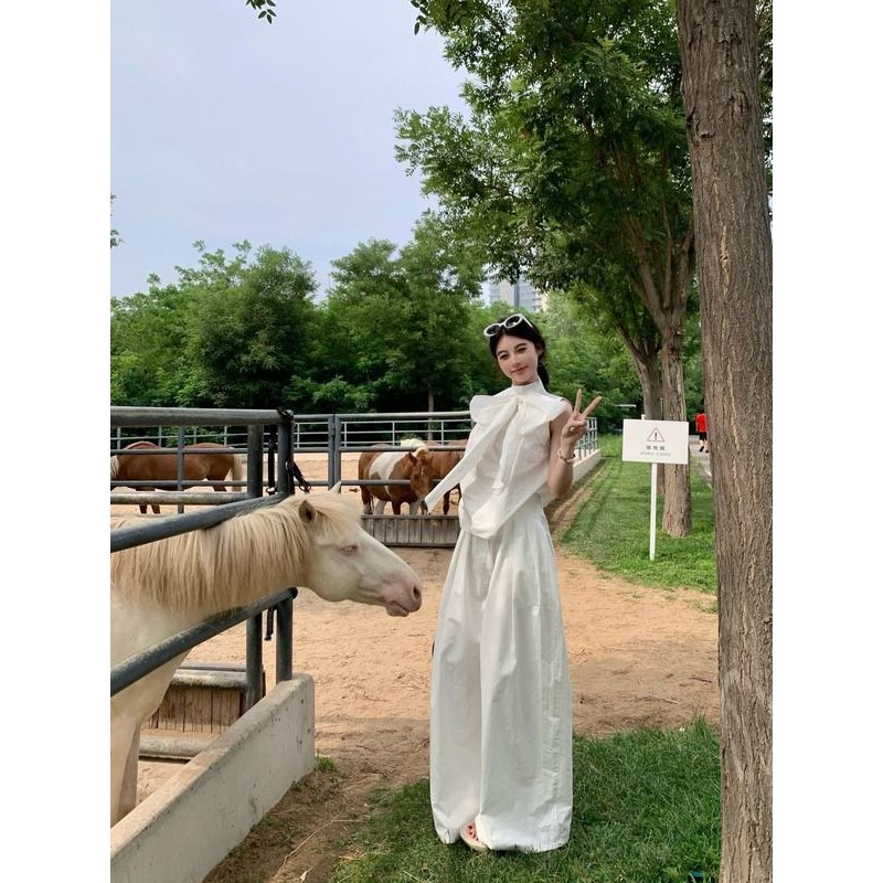 Bow Tie Sleeveless Vest Shirt Women's Summer Loose Elegant Shirt Design Chic White Top