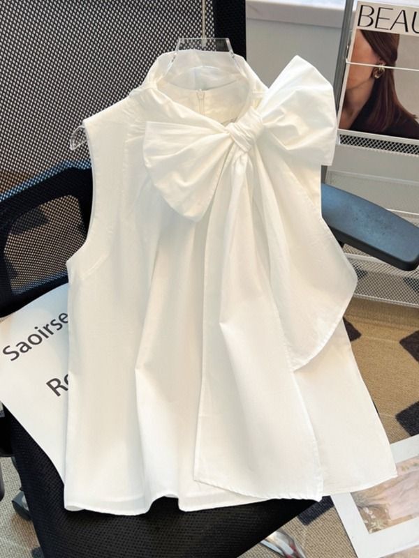 French White Bow Sleeveless Shirt for Women, High-End Design, Loose Belly-Covering Vest Top