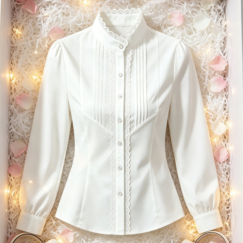 2026 Autumn Women's Lace Stand Collar White Long Sleeve Shirt Korean Style Slim Fit Elegant Age-Reducing Professional Base Shirt