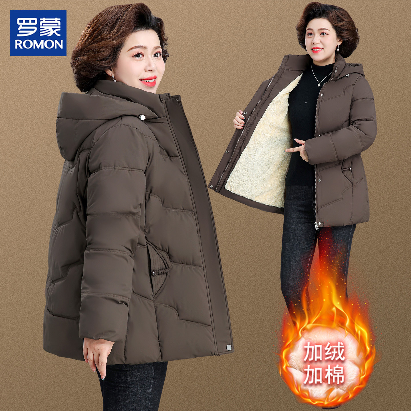 Romon Brand Winter Clothing for Mothers, Fleece-Lined down Cotton Jacket, Fashionable Thickened Warm Cotton Coat, Noble Outerwear for Middle-Aged and Elderly Women