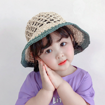 Childrens straw hat large hat peak ultra-thin Korean girl hollowed-out breathable fishermans hat large child summer sunscreen sunhat lady