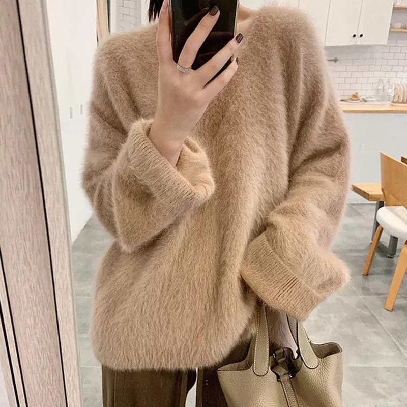 Water Mink Fluff Dress Woman Outside Wearing 2021 New autumn and winter cover head V collar Horse Hairy loose Lazy Wind-Knit Cardiovert