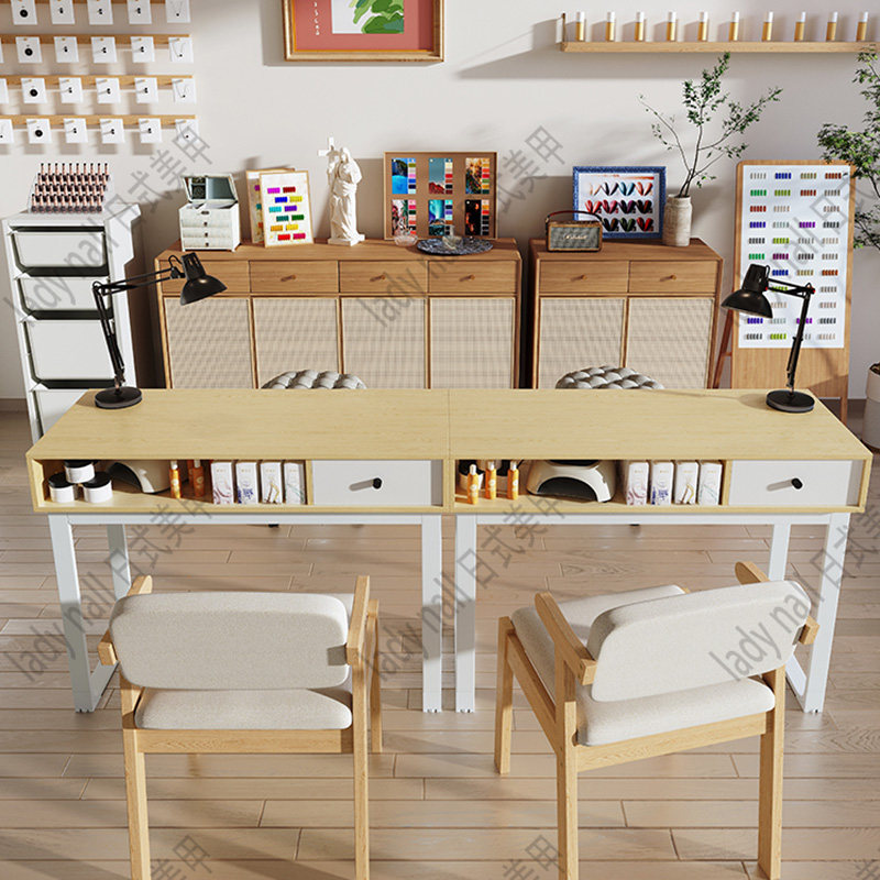 Plain wood color nail table and chair set Japanese simple special price Economy Single double person Net red ins light luxury nail table