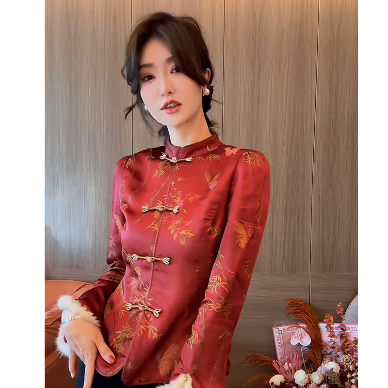 Song Jinxin New Chinese State Wind Improvement Tangclothing Red printed disc buckle Ma A jacket Two sets of women 2023 Autumn Winter models-Taobao